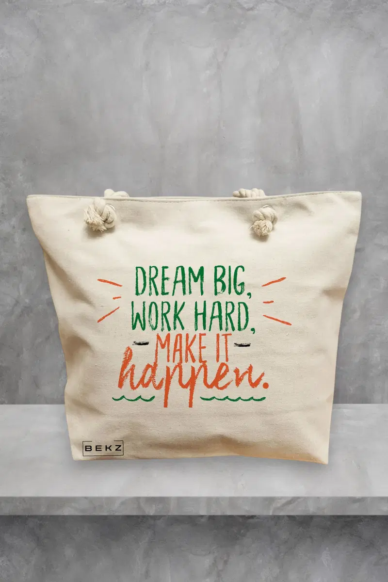 Geanta de Plaja Canvas Tote pentru femei, model Dream Big, Work Hard, Make it Happen, 40x51 cm, Bej, BEKZ®