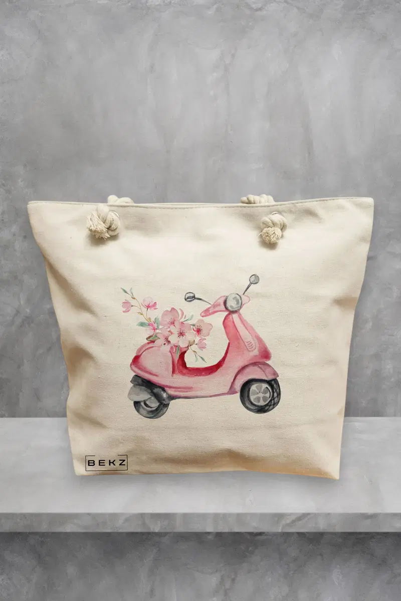 Geanta de Plaja Canvas Tote pentru femei, model Rose flower Bike, 40x51 cm, Bej, BEKZ®