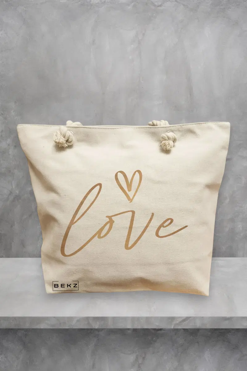 Geanta de Plaja Canvas Tote pentru femei, model Love 2, 40x51 cm, Bej, BEKZ®