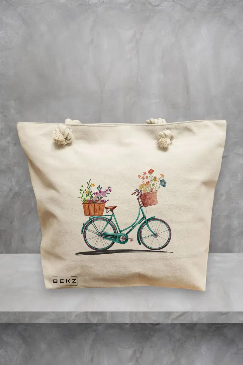 Geanta de Plaja Canvas Tote pentru femei, model Artistic Bicycle, 40x51 cm, Bej, BEKZ®