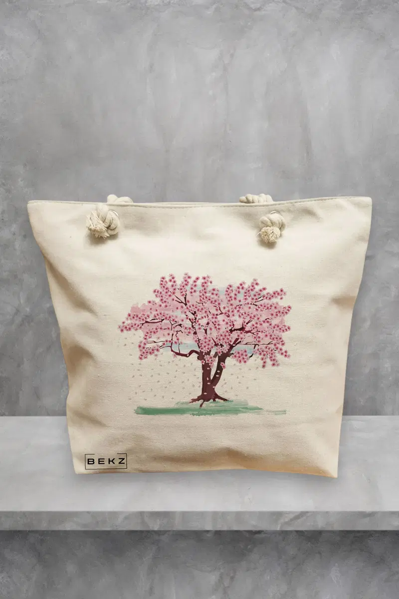 Geanta de Plaja Canvas Tote pentru femei, model Watercolor Tree, 40x51 cm, Bej, BEKZ®