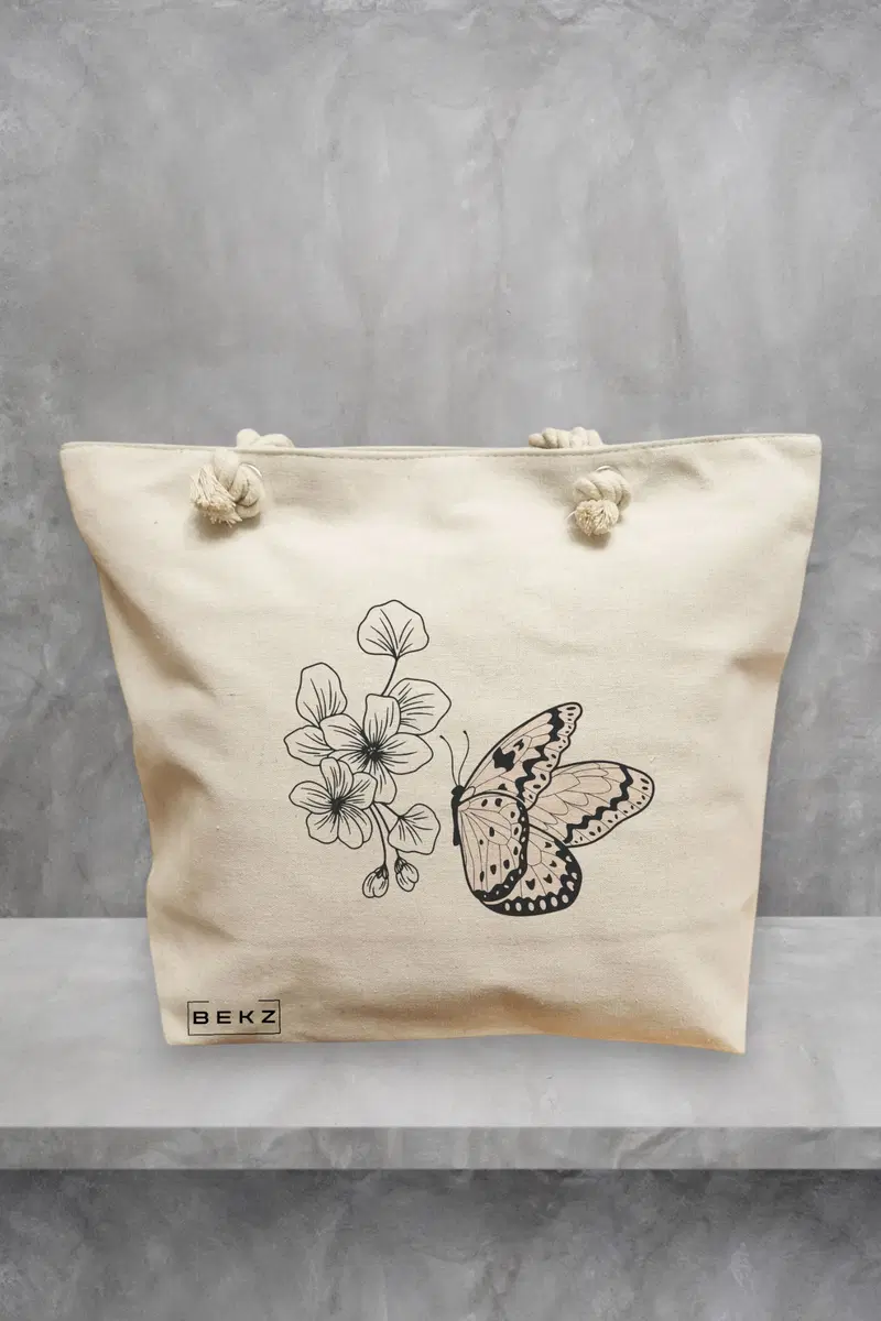 Geanta de Plaja Canvas Tote pentru femei, model Minimalist Butterfly, 40x51 cm, Bej, BEKZ®