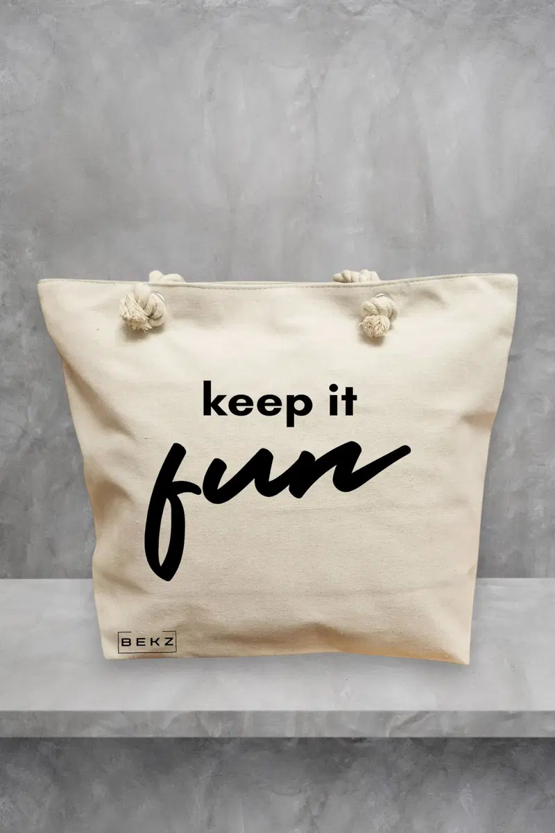 Geanta de Plaja Canvas Tote pentru femei, model Keep it Fun, 40x51 cm, Bej, BEKZ®