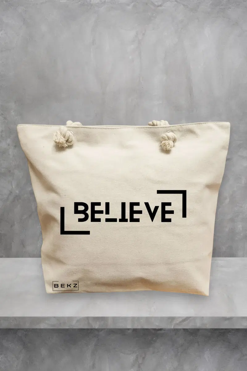 Geanta de Plaja Canvas Tote pentru femei, model Believe, 40x51 cm, Bej, BEKZ®
