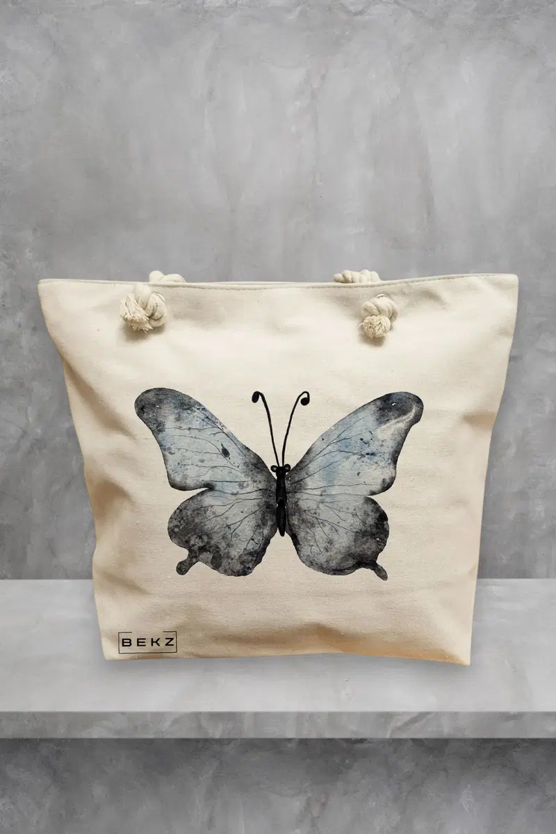 Geanta de Plaja Canvas Tote pentru femei, model Watercolor Butterfly 2, 40x51 cm, Bej, BEKZ®