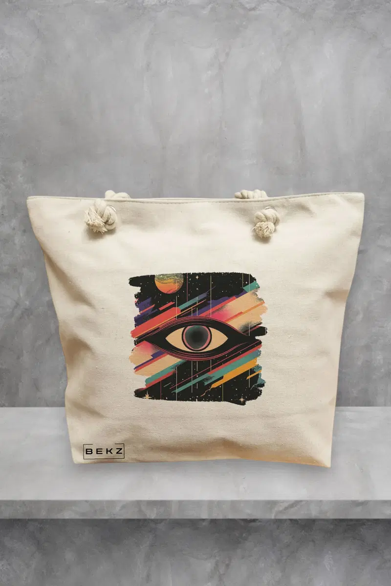 Geanta de Plaja Canvas Tote pentru femei, model Celestial Eye 1, 40x51 cm, Bej, BEKZ®