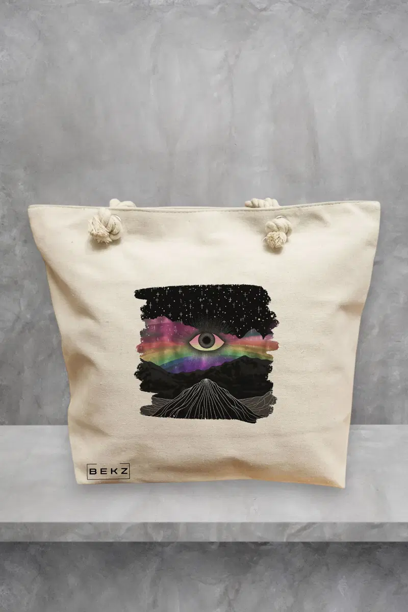 Geanta de Plaja Canvas Tote pentru femei, model Celestial Eye 2, 40x51 cm, Bej, BEKZ®