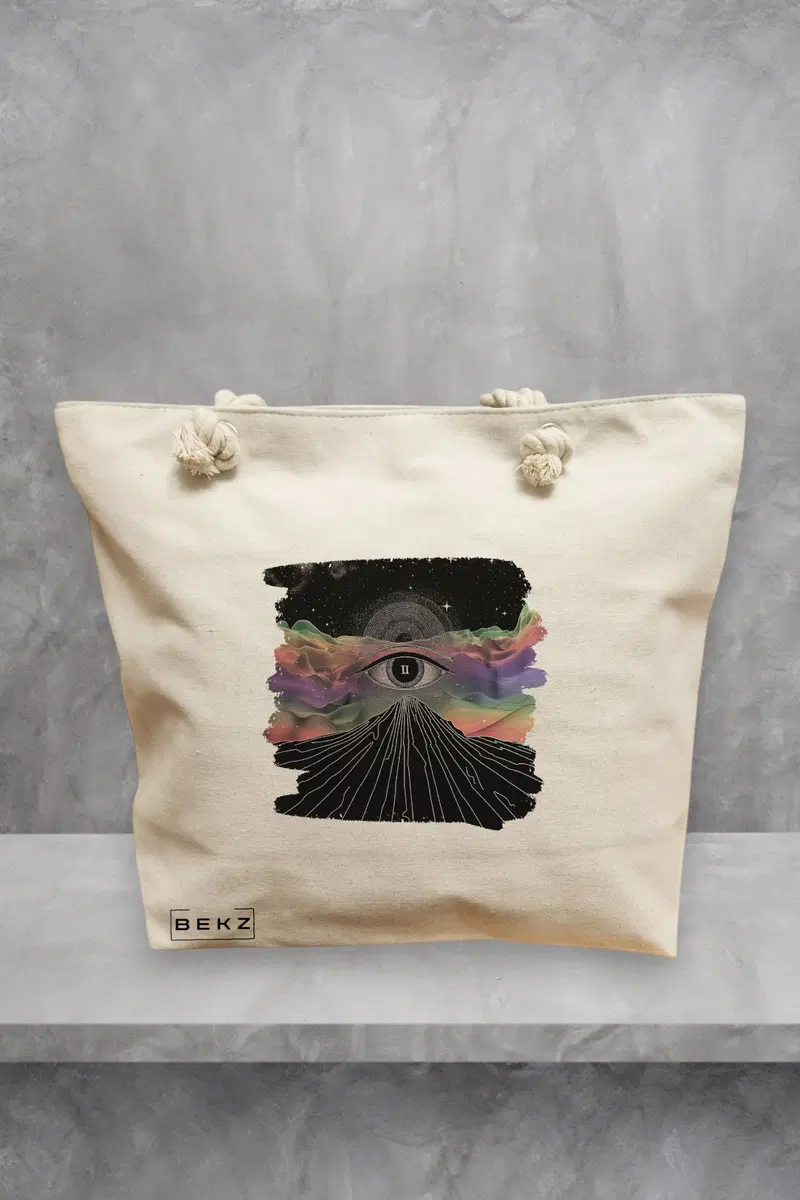Geanta de Plaja Canvas Tote pentru femei, model Celestial Eye 3, 40x51 cm, Bej, BEKZ®