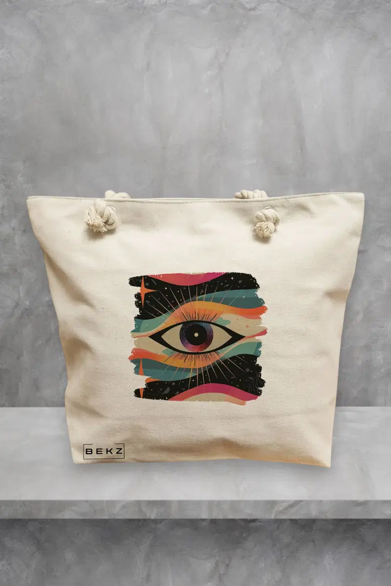 Geanta de Plaja Canvas Tote pentru femei, model Celestial Eye 4, 40x51 cm, Bej, BEKZ®