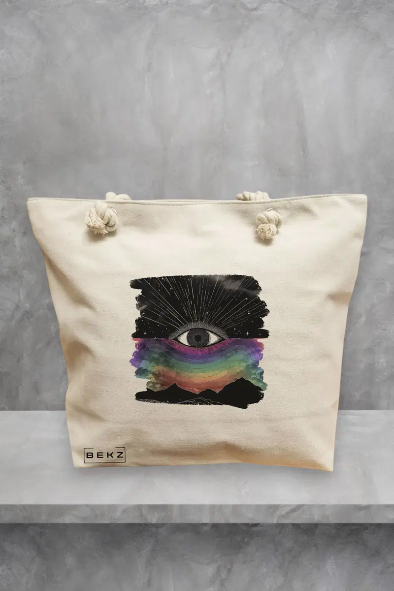 Geanta de Plaja Canvas Tote pentru femei, model Celestial Eye 5, 40x51 cm, Bej, BEKZ®