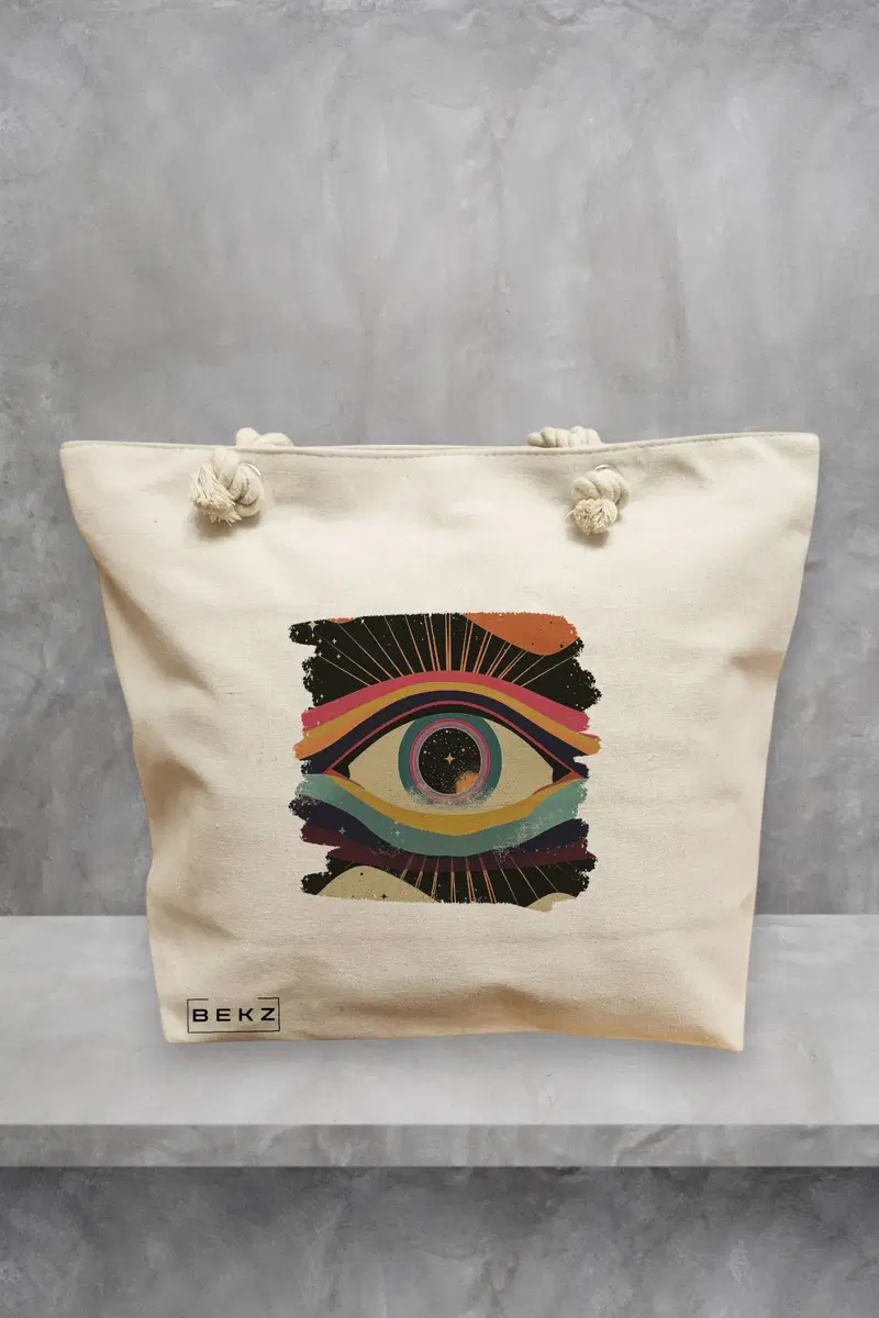 Geanta de Plaja Canvas Tote pentru femei, model Celestial Eye 6, 40x51 cm, Bej, BEKZ®