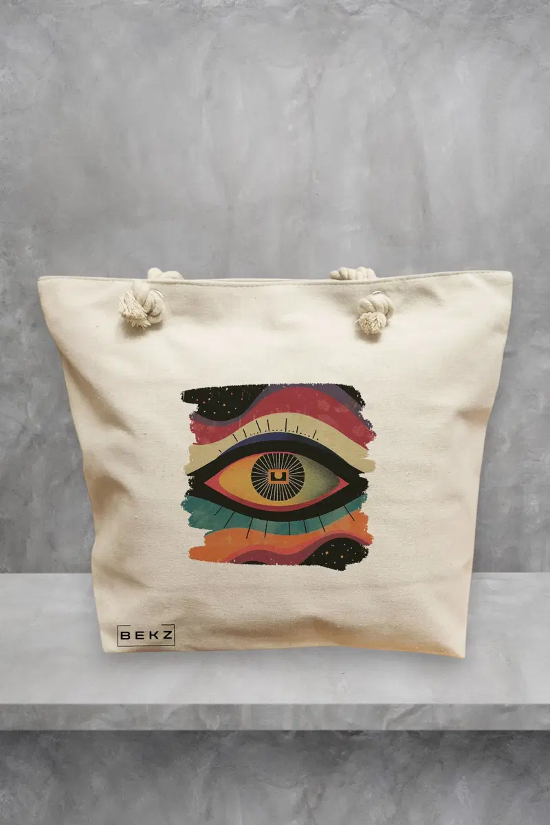 Geanta de Plaja Canvas Tote pentru femei, model Celestial Eye 7, 40x51 cm, Bej, BEKZ®