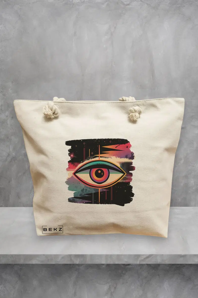 Geanta de Plaja Canvas Tote pentru femei, model Celestial Eye 8, 40x51 cm, Bej, BEKZ®