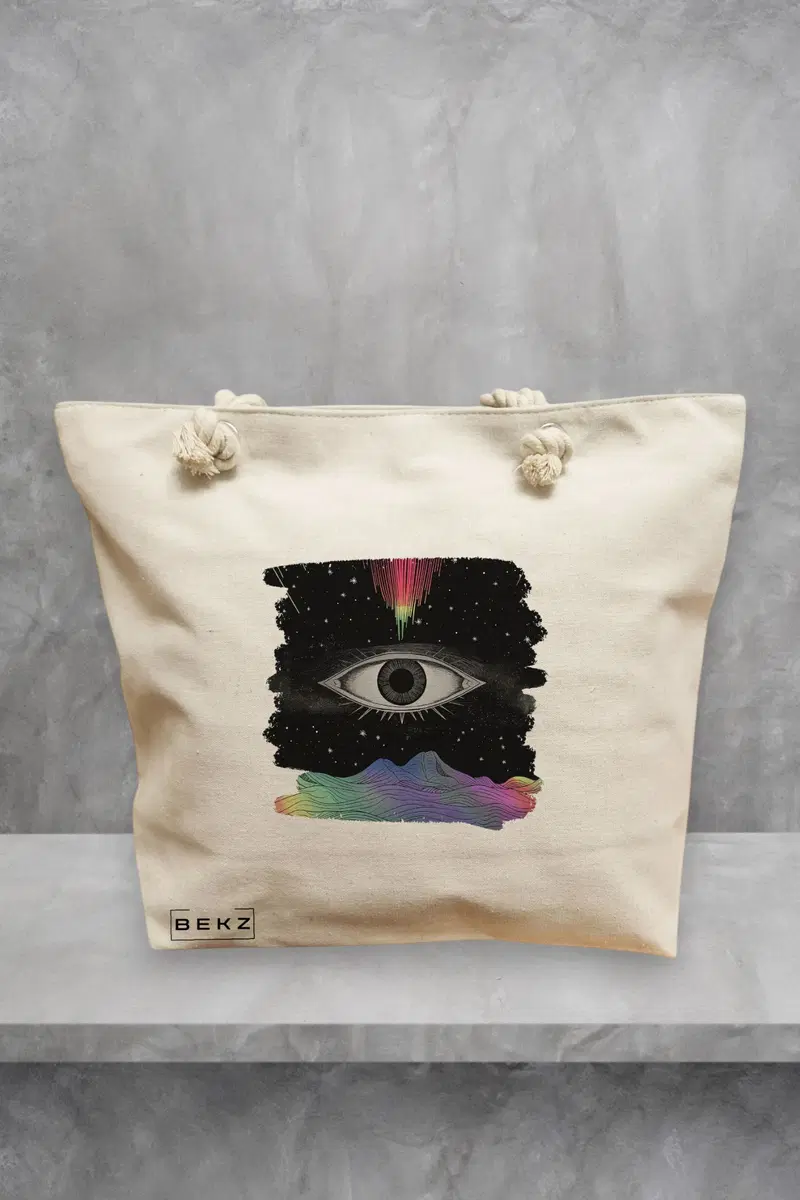Geanta de Plaja Canvas Tote pentru femei, model Celestial Eye 10, 40x51 cm, Bej, BEKZ®