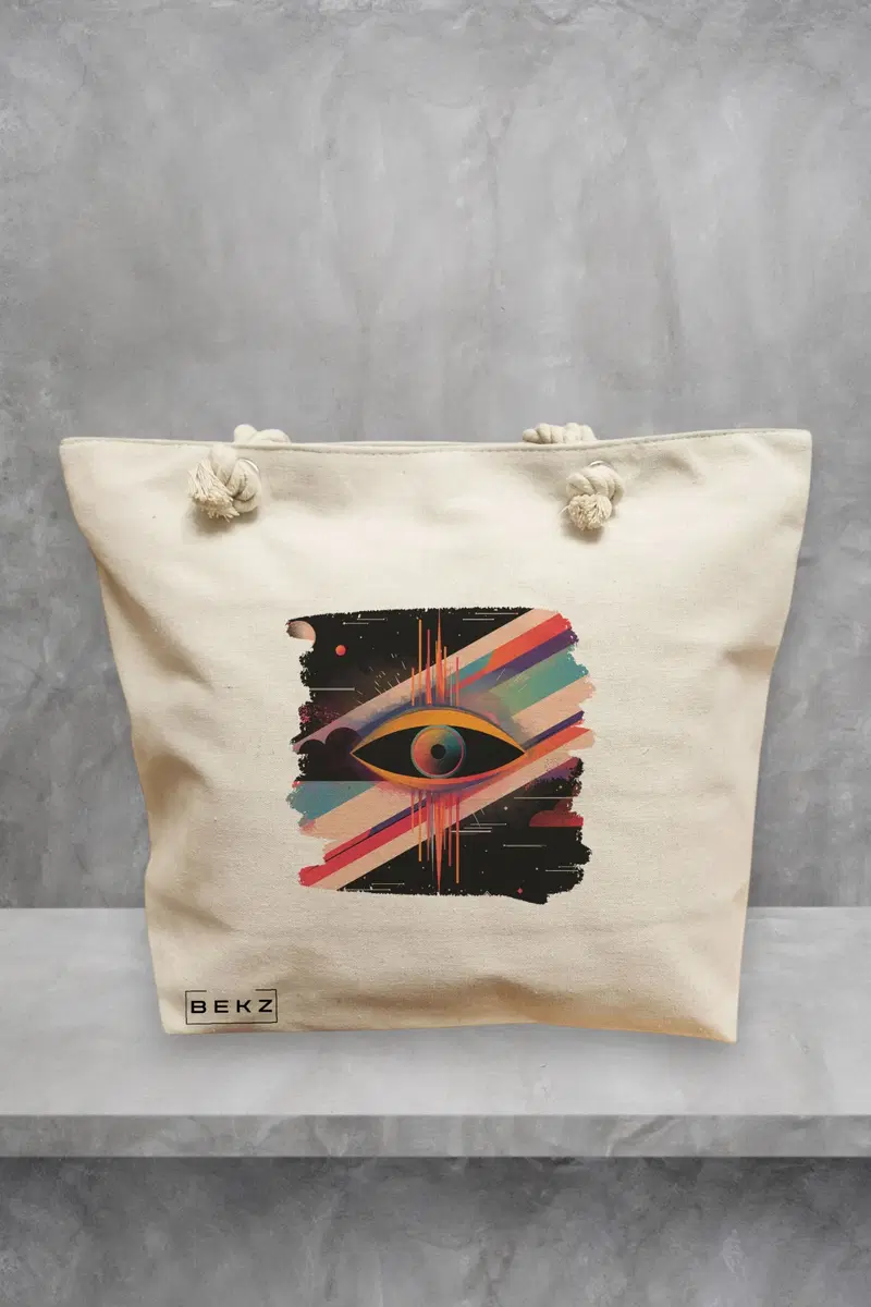 Geanta de Plaja Canvas Tote pentru femei, model Celestial Eye 12, 40x51 cm, Bej, BEKZ®