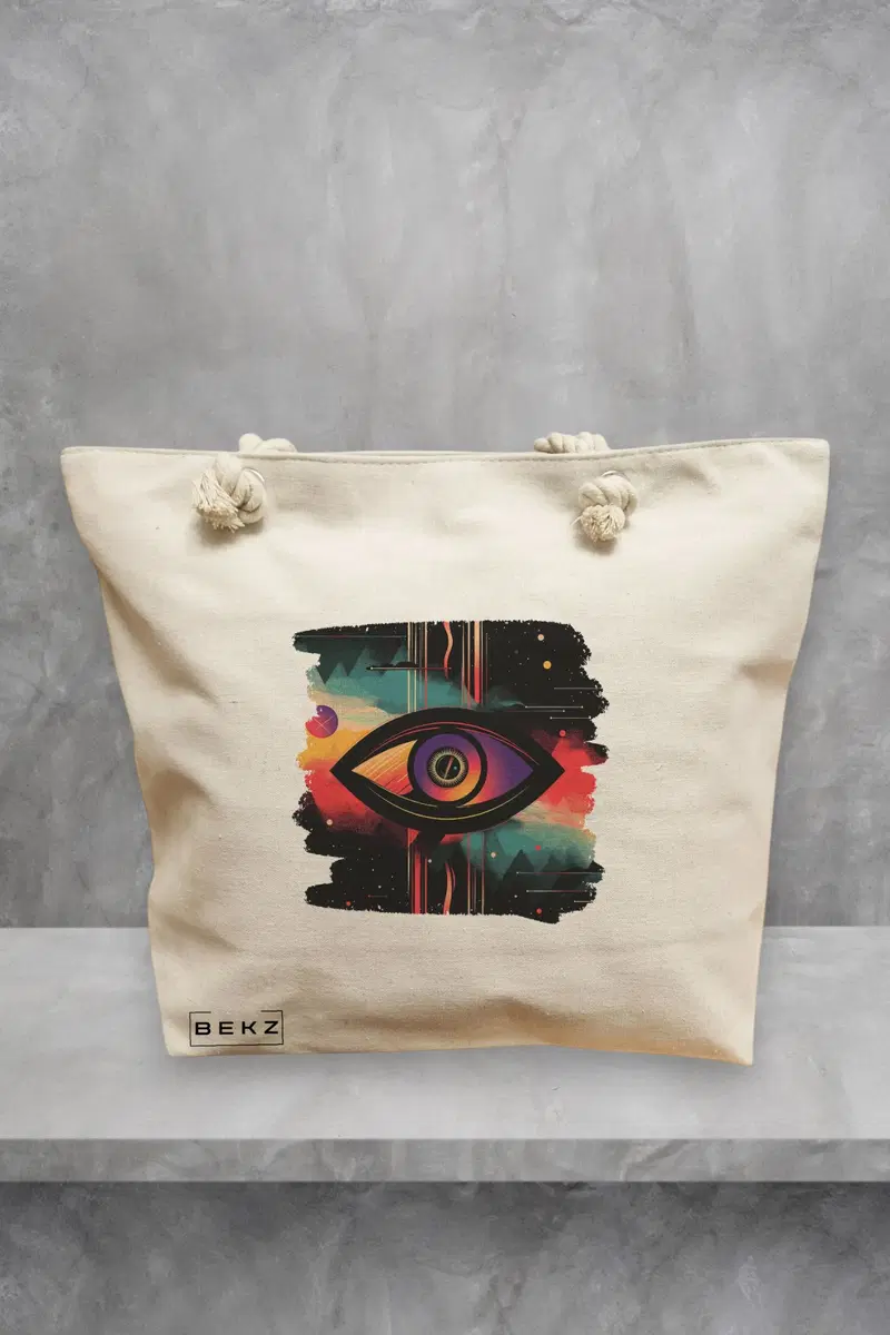 Geanta de Plaja Canvas Tote pentru femei, model Celestial Eye 13, 40x51 cm, Bej, BEKZ®