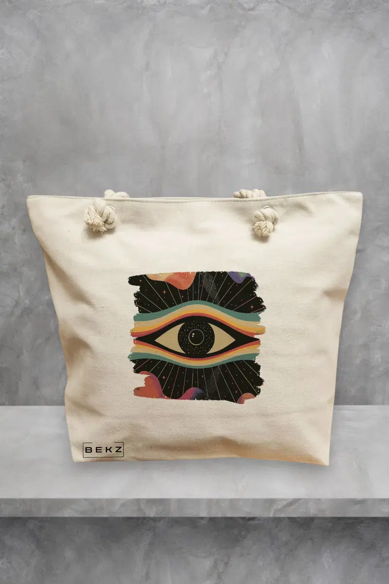 Geanta de Plaja Canvas Tote pentru femei, model Celestial Eye 14, 40x51 cm, Bej, BEKZ®