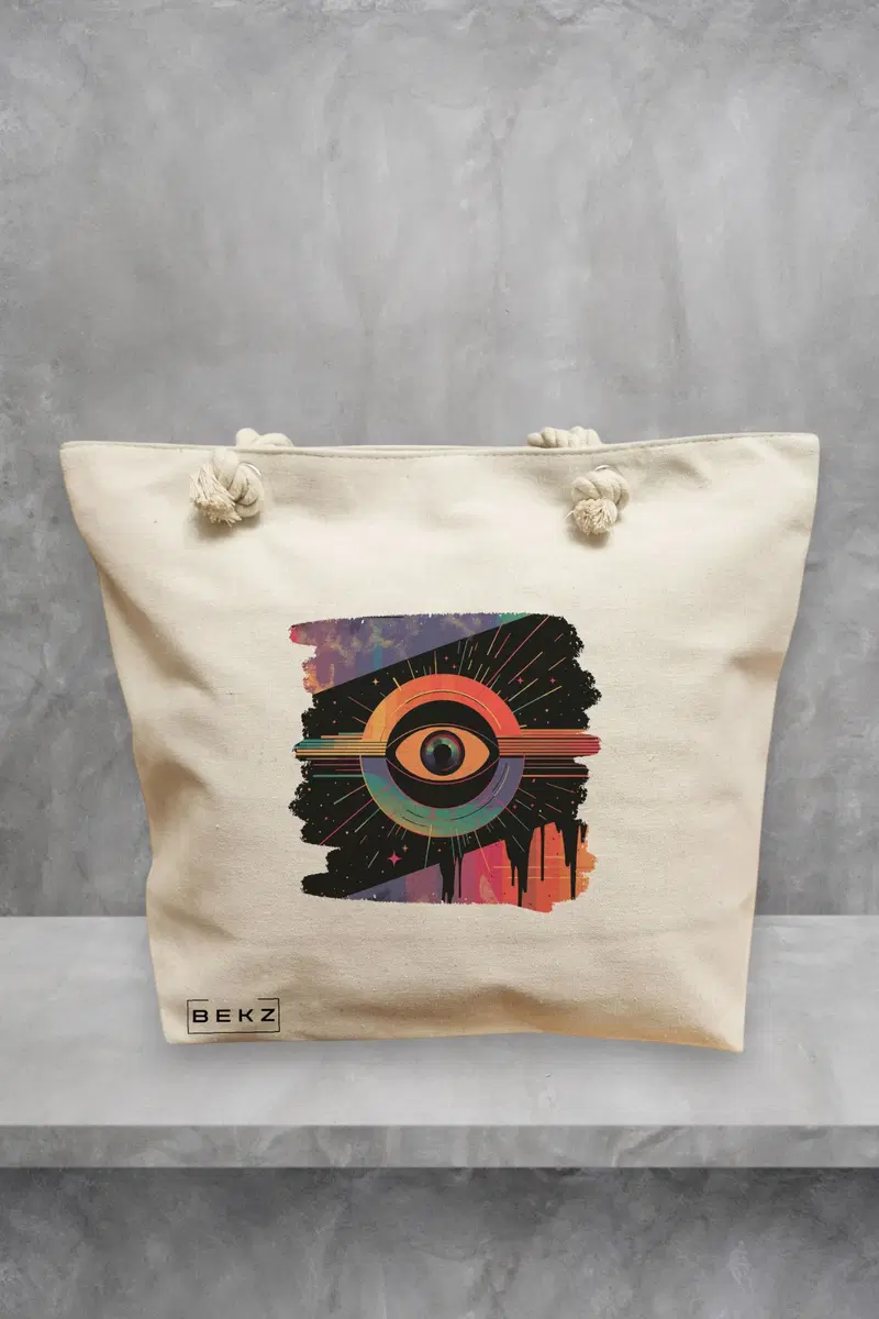 Geanta de Plaja Canvas Tote pentru femei, model Celestial Eye 15, 40x51 cm, Bej, BEKZ®