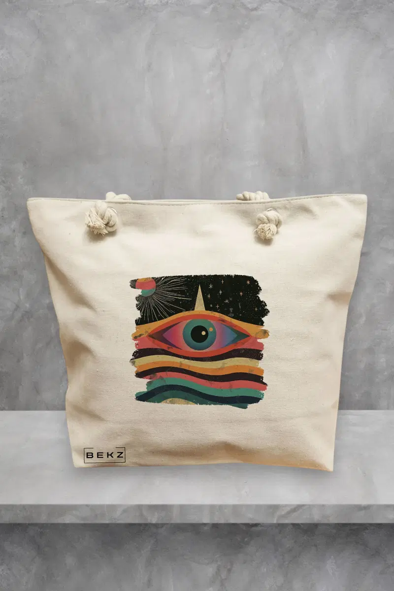 Geanta de Plaja Canvas Tote pentru femei, model Celestial Eye 16, 40x51 cm, Bej, BEKZ®