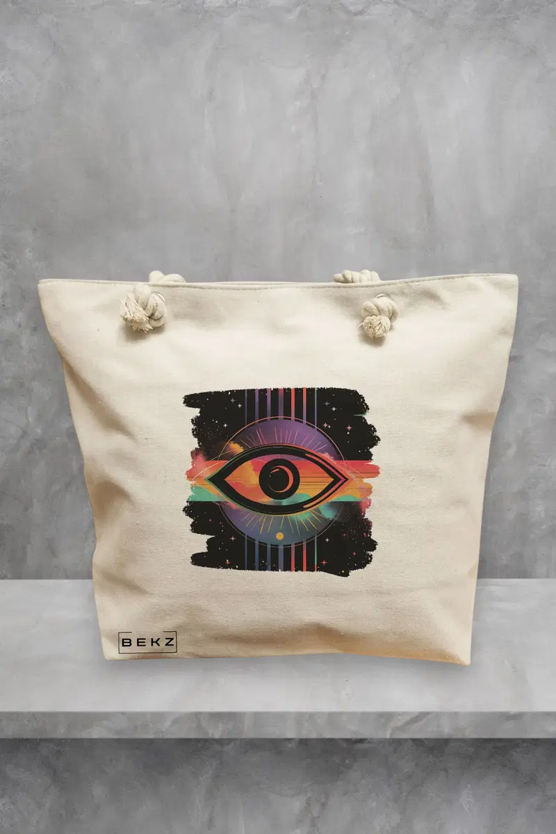 Geanta de Plaja Canvas Tote pentru femei, model Celestial Eye 17, 40x51 cm, Bej, BEKZ®