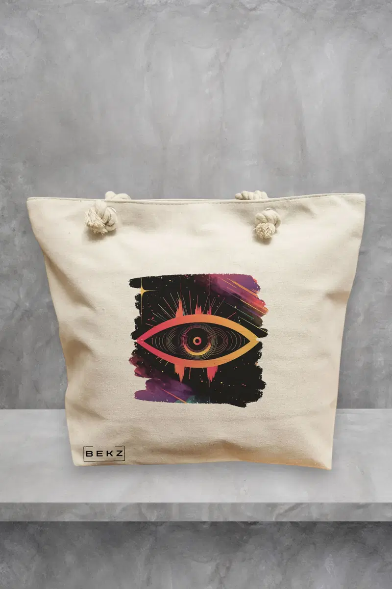 Geanta de Plaja Canvas Tote pentru femei, model Celestial Eye 18, 40x51 cm, Bej, BEKZ®