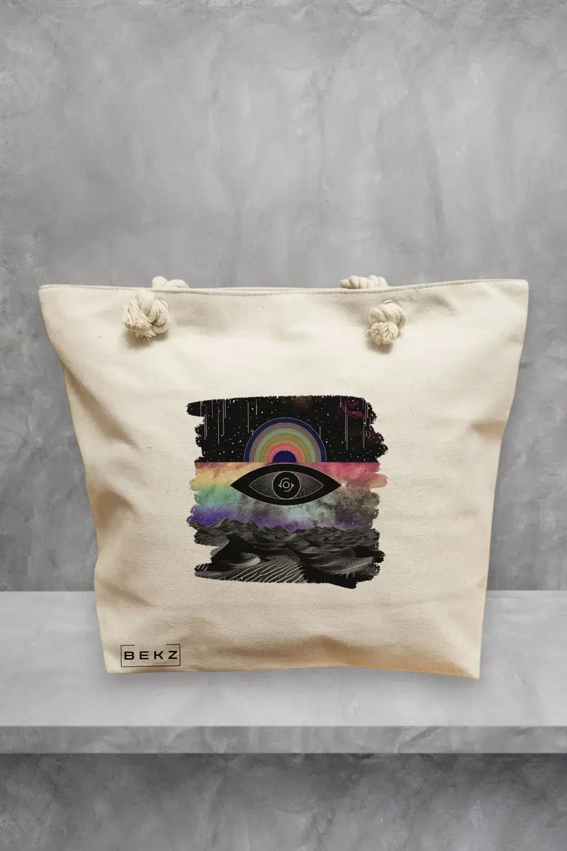 Geanta de Plaja Canvas Tote pentru femei, model Celestial Eye 19, 40x51 cm, Bej, BEKZ®