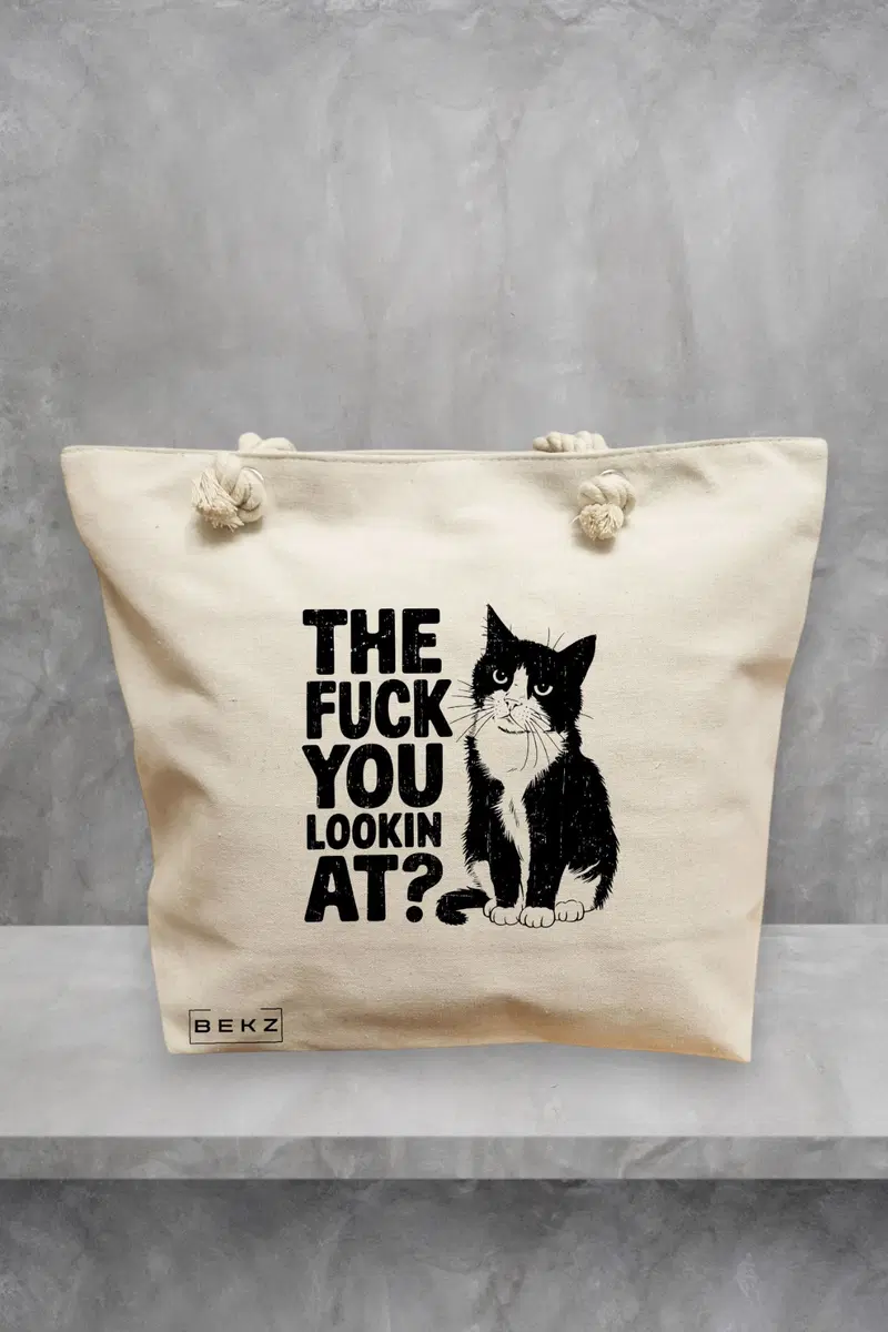 Geanta de Plaja Canvas Tote pentru femei, model What are you looking at?, 40x51 cm, Bej, BEKZ®