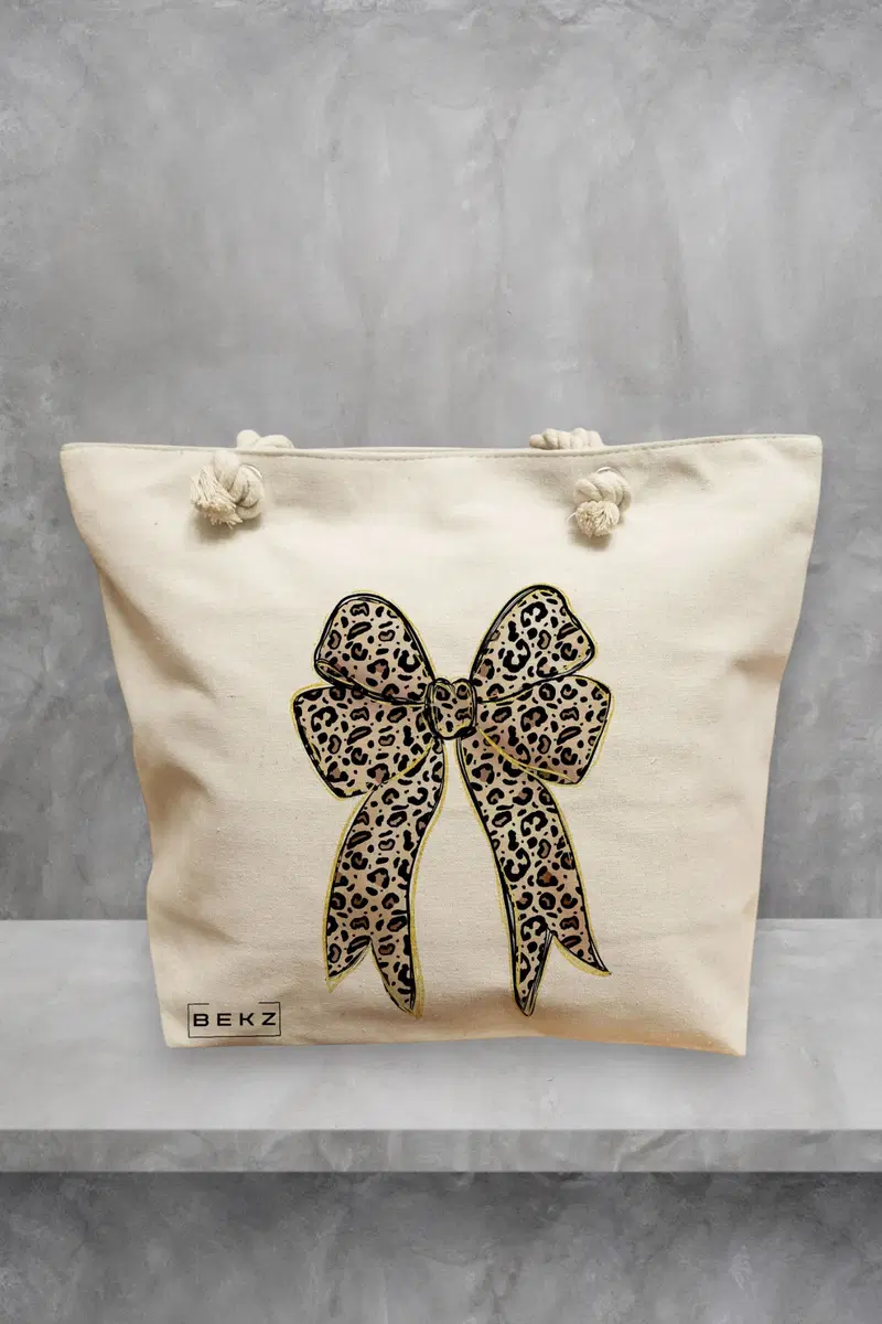 Geanta de Plaja Canvas Tote pentru femei, model Leopard Bow, 40x51 cm, Bej, BEKZ®