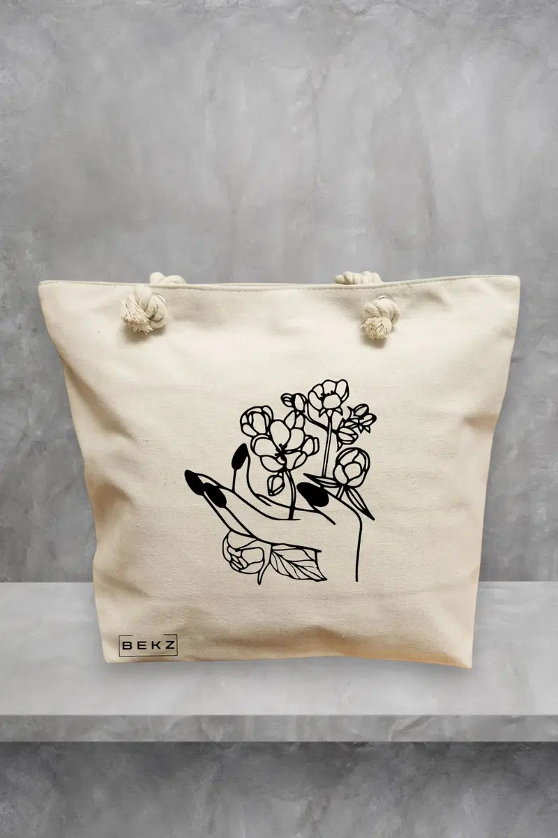 Geanta de Plaja Canvas Tote pentru femei, model Floral Hand, 40x51 cm, Bej, BEKZ®