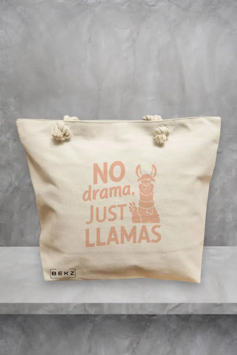Geanta de Plaja Canvas Tote pentru femei, model No drama, Just llamas, 40x51 cm, Bej, BEKZ®