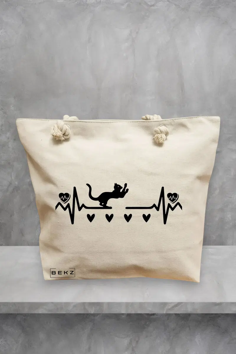 Geanta de Plaja Canvas Tote pentru femei, model Cat Love 2, 40x51 cm, Bej, BEKZ®