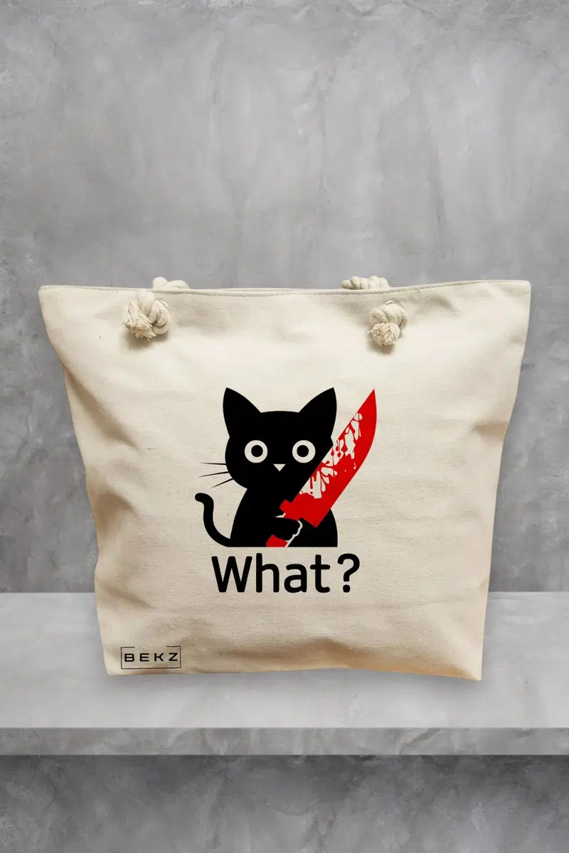 Geanta de Plaja Canvas Tote pentru femei, model Funny Black Cat, 40x51 cm, Bej, BEKZ®