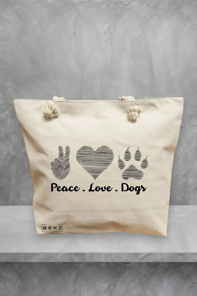 Geanta de Plaja Canvas Tote pentru femei, model Peace Love Dogs, 40x51 cm, Bej, BEKZ®