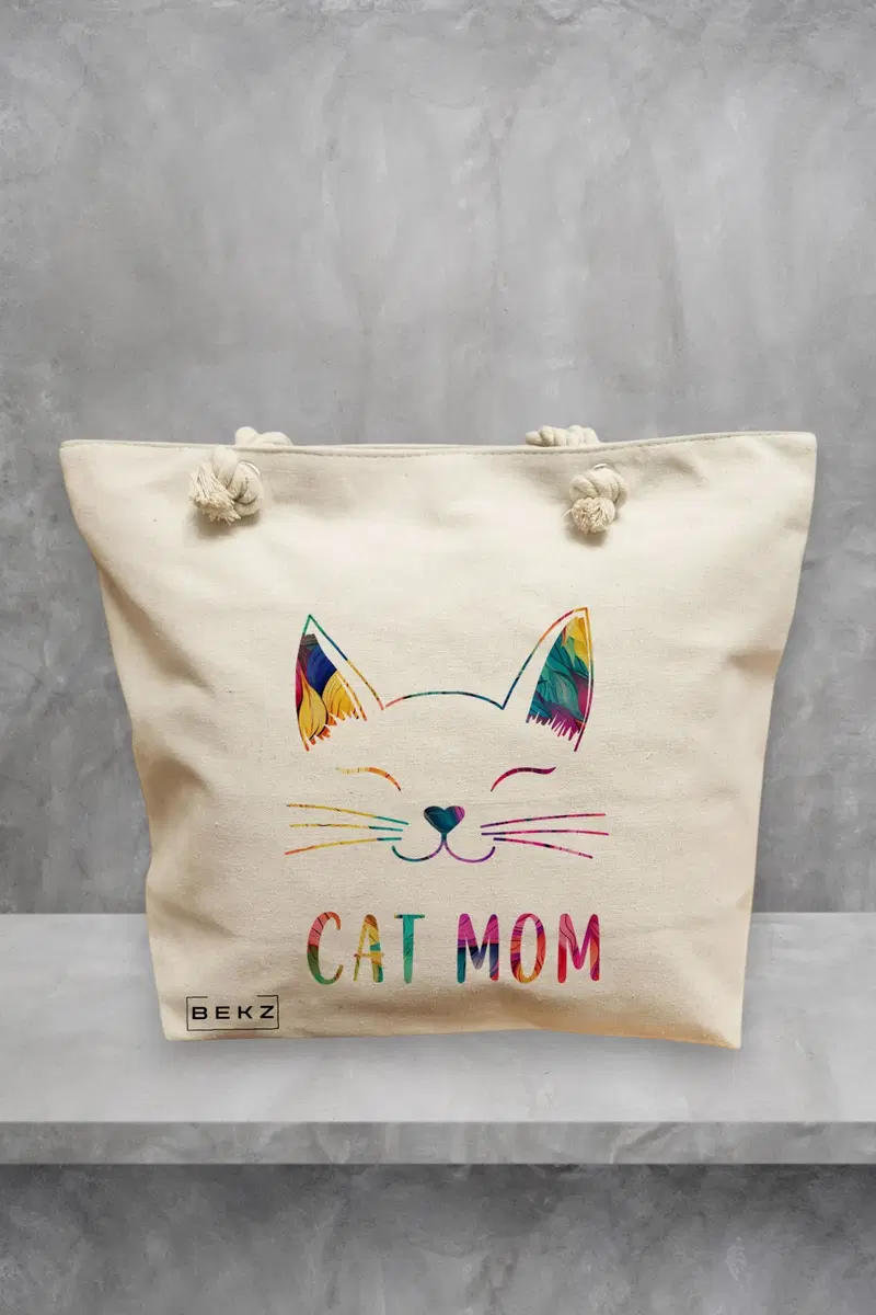 Geanta de Plaja Canvas Tote pentru femei, model Cat Mom, 40x51 cm, Bej, BEKZ®