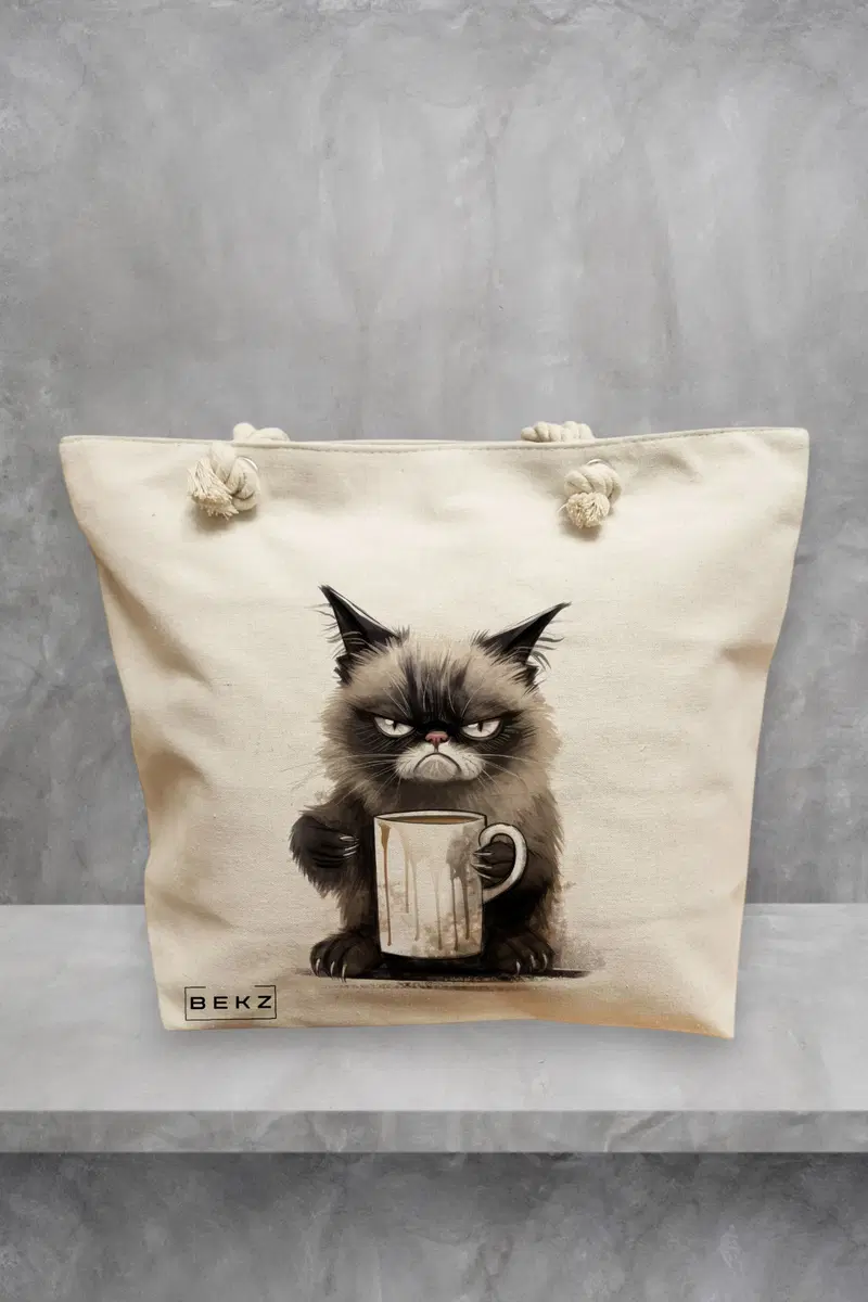 Geanta de Plaja Canvas Tote pentru femei, model Lazy Cat, 40x51 cm, Bej, BEKZ®