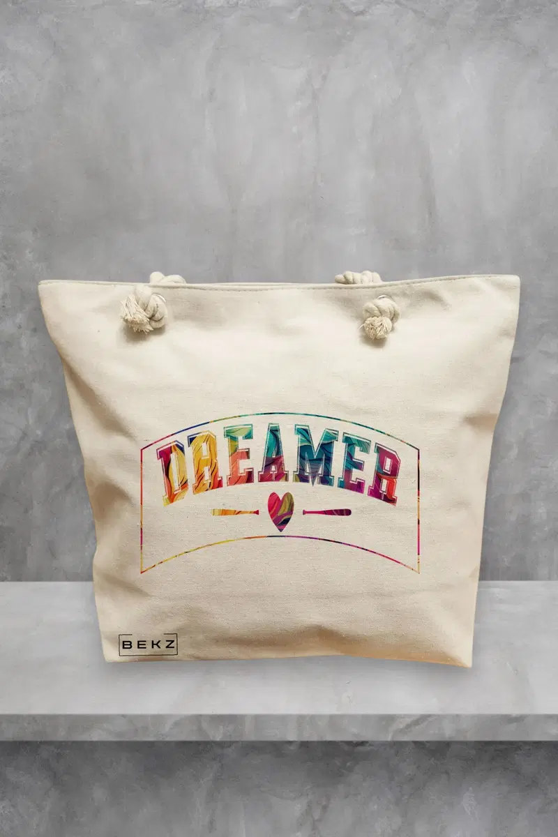 Geanta de Plaja Canvas Tote pentru femei, model Dreamer, 40x51 cm, Bej, BEKZ®