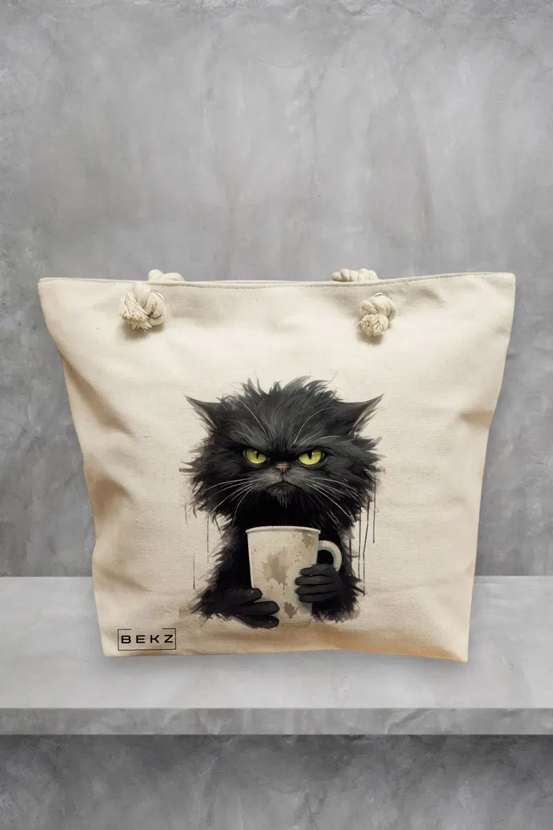 Geanta de Plaja Canvas Tote pentru femei, model Coffee Addict, 40x51 cm, Bej, BEKZ®