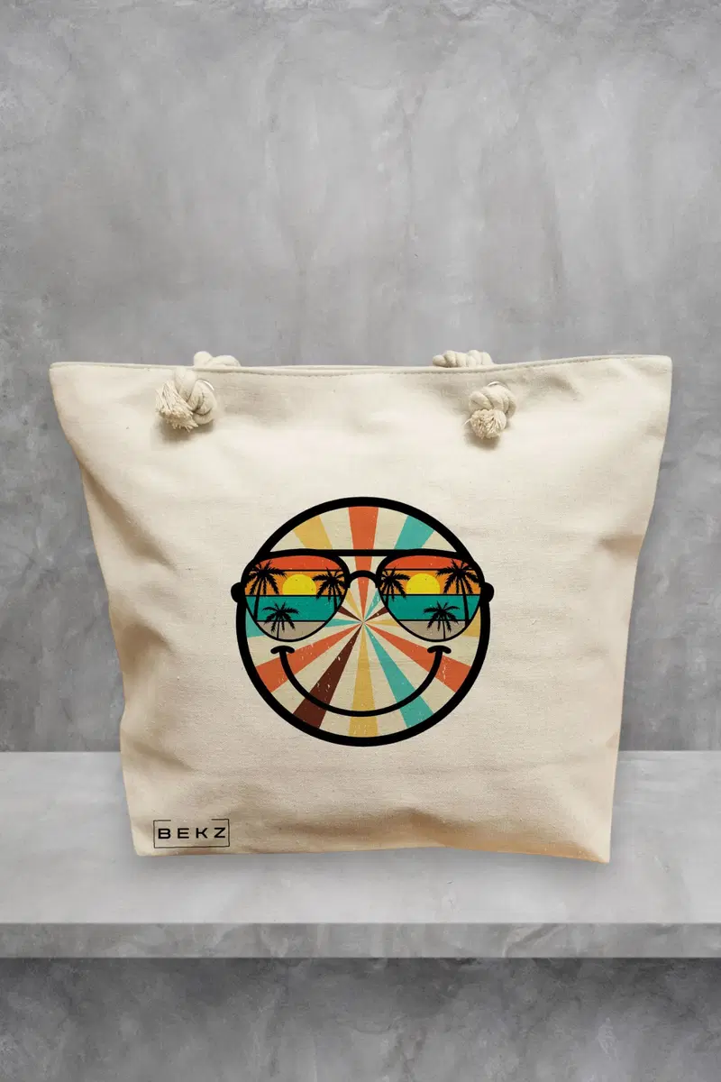 Geanta de Plaja Canvas Tote pentru femei, model Tropical, 40x51 cm, Bej, BEKZ®