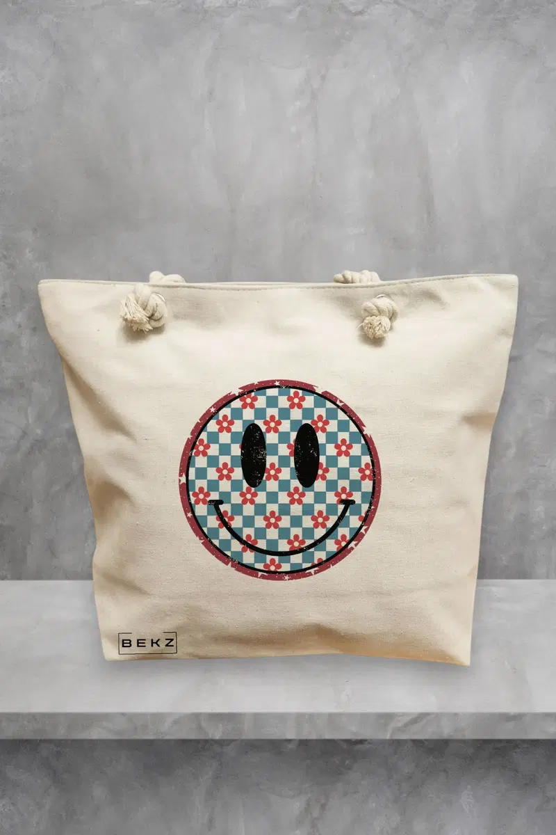 Geanta de Plaja Canvas Tote pentru femei, model Pattern, 40x51 cm, Bej, BEKZ®