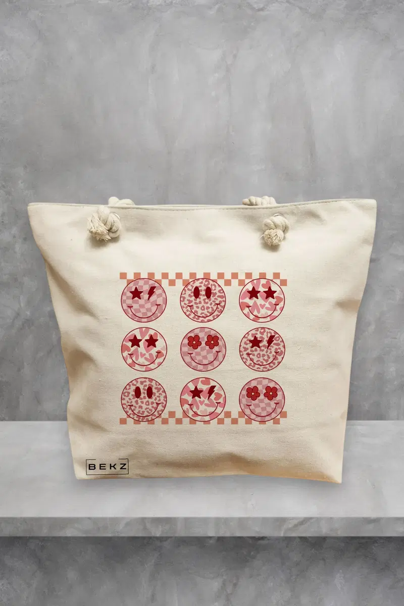 Geanta de Plaja Canvas Tote pentru femei, model Rose Smilies, 40x51 cm, Bej, BEKZ®