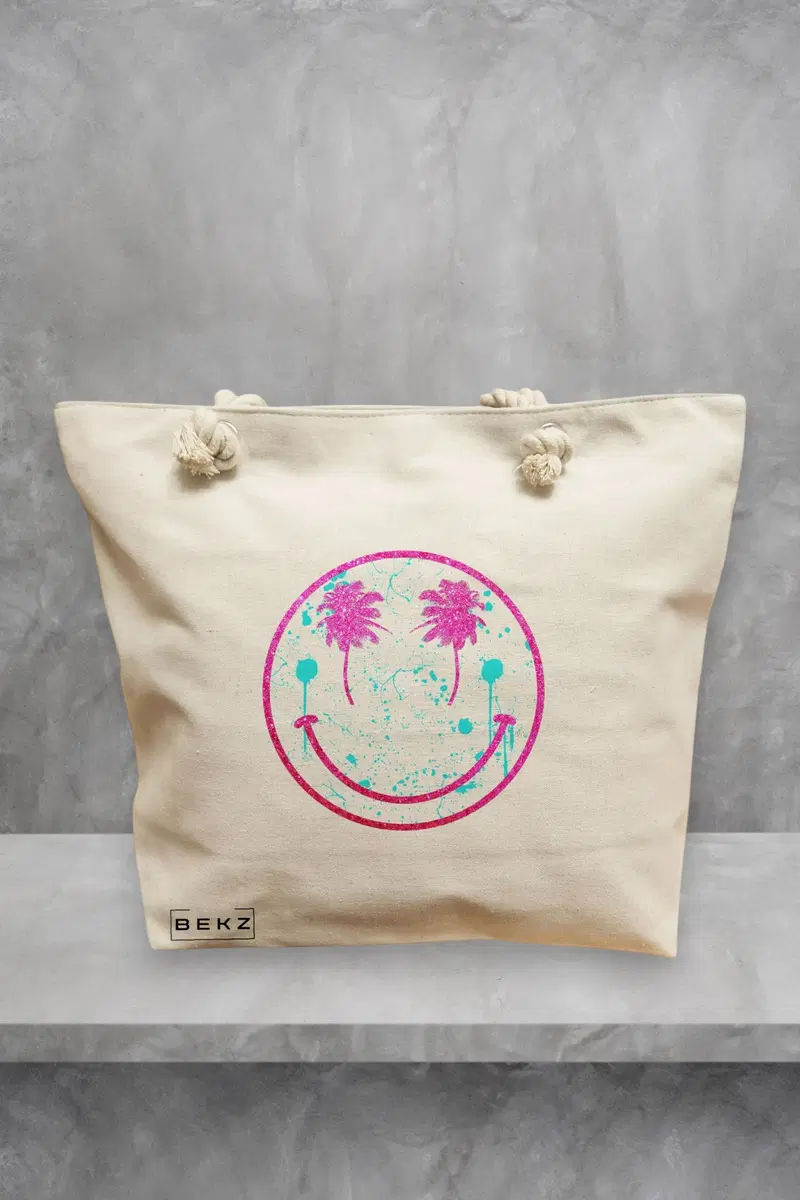 Geanta de Plaja Canvas Tote pentru femei, model Beach Smile, 40x51 cm, Bej, BEKZ®