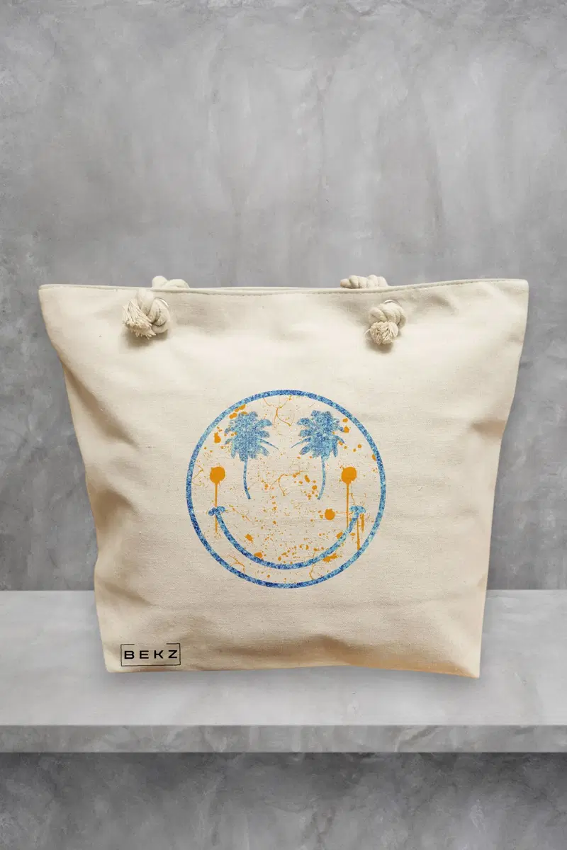 Geanta de Plaja Canvas Tote pentru femei, model Party Smile, 40x51 cm, Bej, BEKZ®