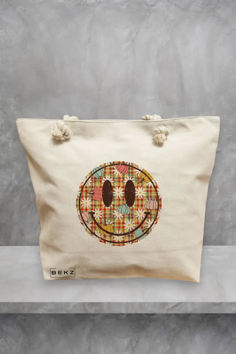 Geanta de Plaja Canvas Tote pentru femei, model Magda Smile, 40x51 cm, Bej, BEKZ®