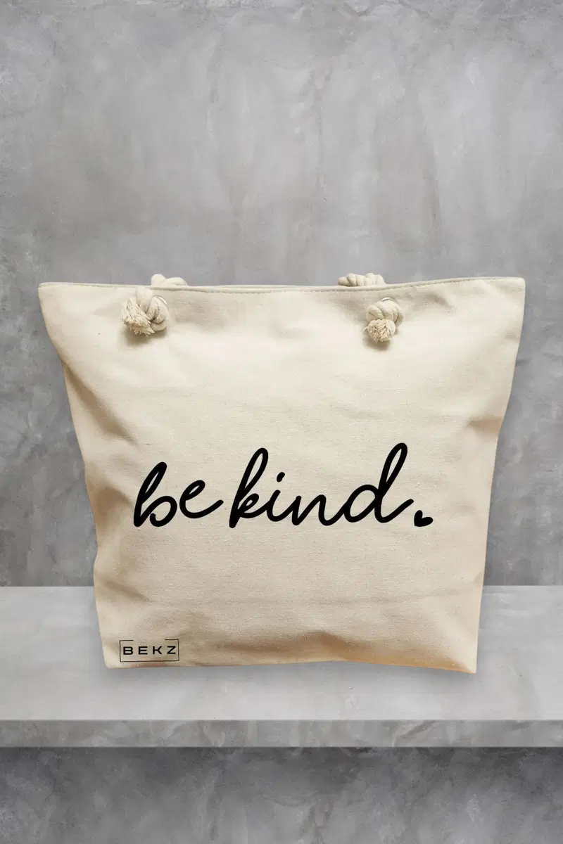 Geanta de Plaja Canvas Tote pentru femei, model Be kind, 40x51 cm, Bej, BEKZ®