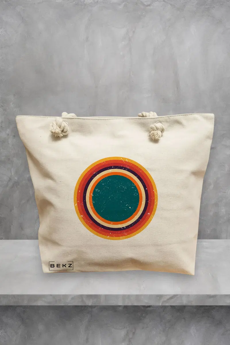 Geanta de Plaja Canvas Tote pentru femei, model Retro Concentric Circles, 40x51 cm, Bej, BEKZ®