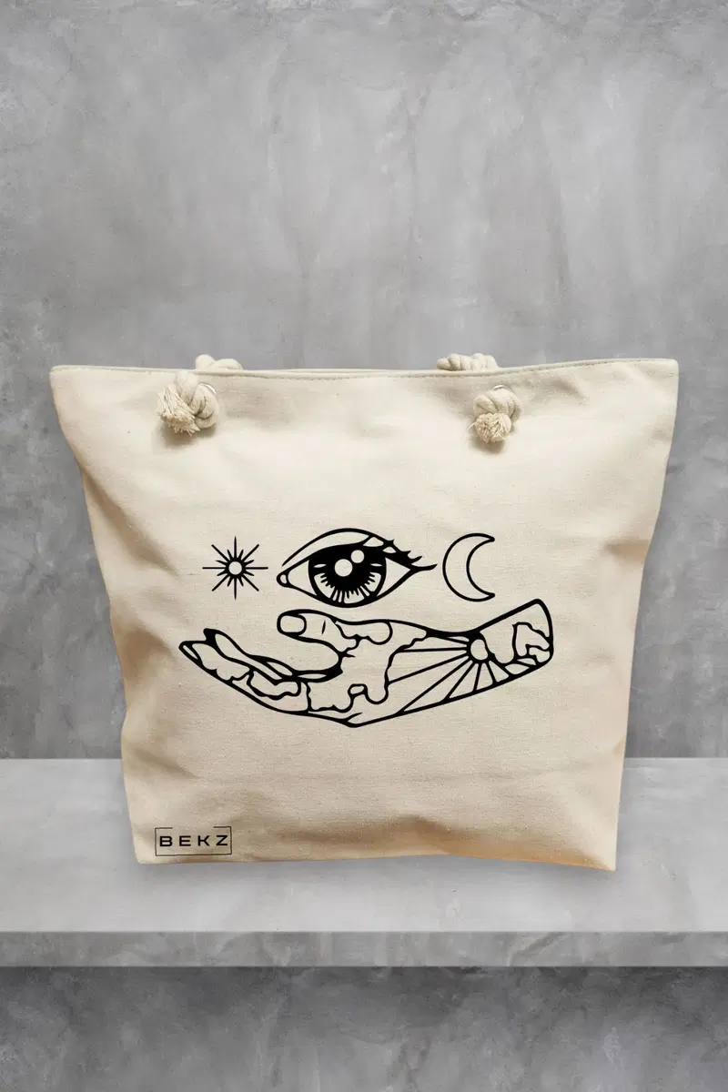 Geanta de Plaja Canvas Tote pentru femei, model Life in depth, 40x51 cm, Bej, BEKZ®