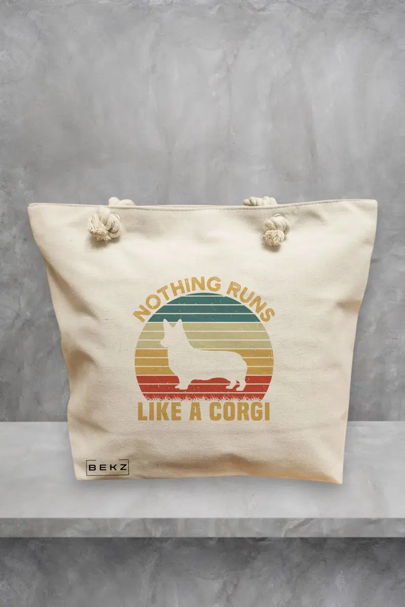 Geanta de Plaja Canvas Tote pentru femei, model Nothing runs like a corgi, 40x51 cm, Bej, BEKZ®