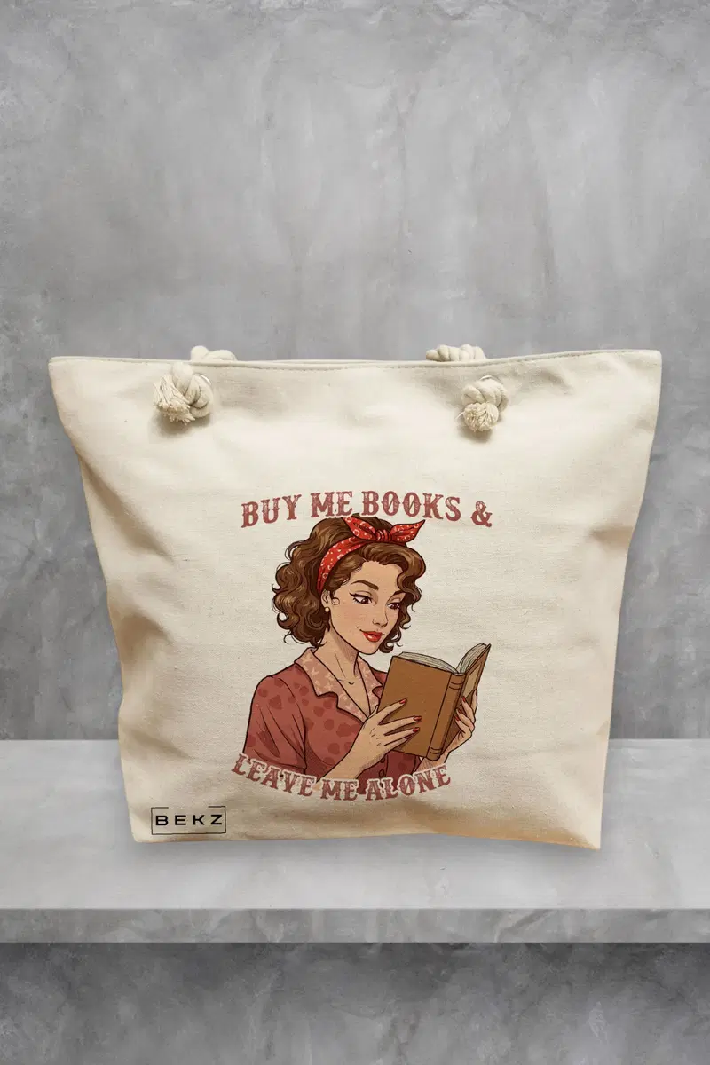 Geanta de Plaja Canvas Tote pentru femei, model Buy me Books & Leave me Alone, 40x51 cm, Bej, BEKZ®