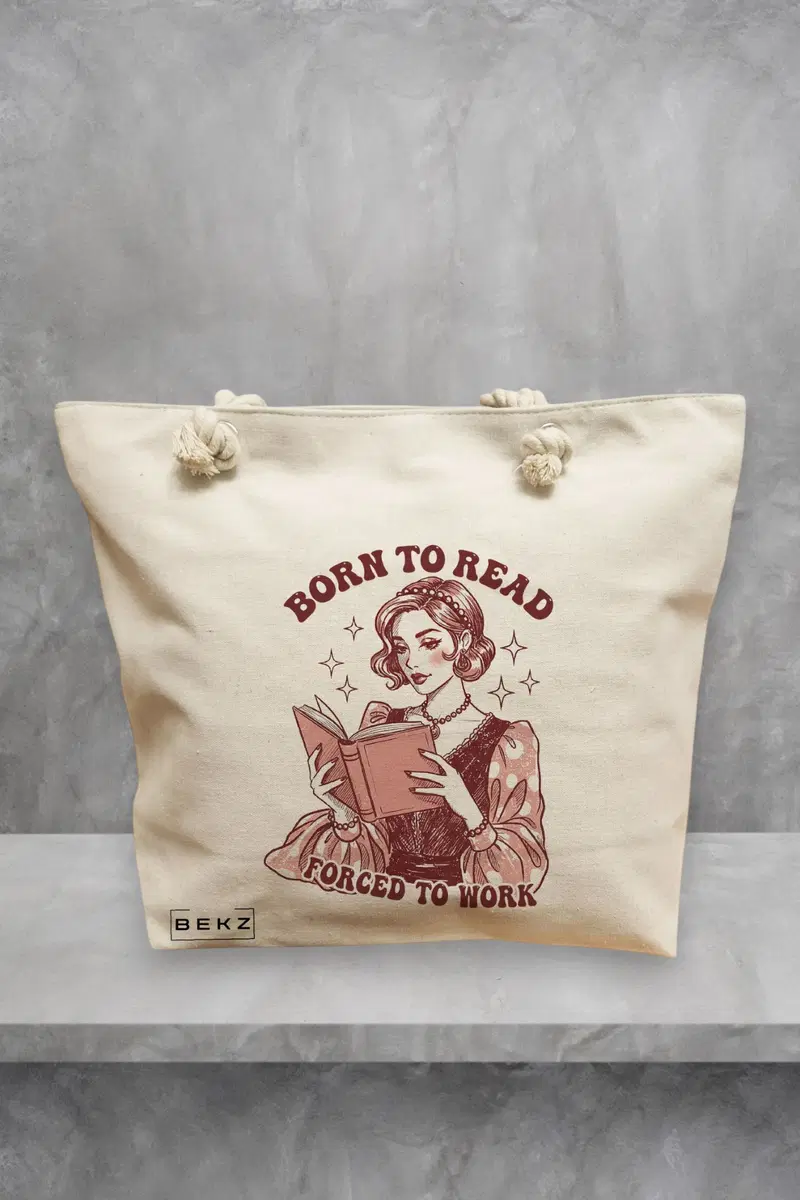 Geanta de Plaja Canvas Tote pentru femei, model Born to read, Forced to work, 40x51 cm, Bej, BEKZ®