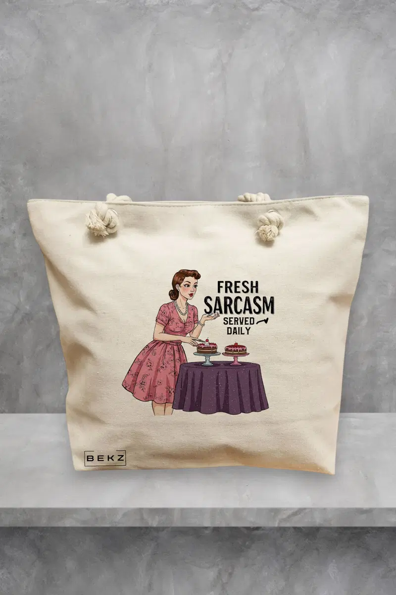 Geanta de Plaja Canvas Tote pentru femei, model Fresh sarcas, Served Daily, 40x51 cm, Bej, BEKZ®
